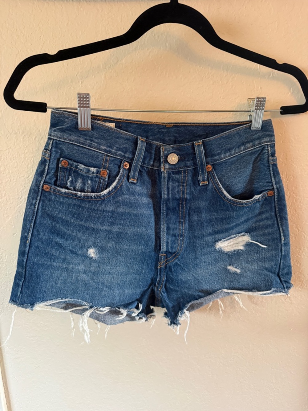 Levi's Dark Blue Distressed Denim Cutoff Shorts